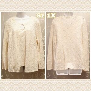 WOMENS PLUS SIZE 1X 2PC BEIGE LINED LACE TOP